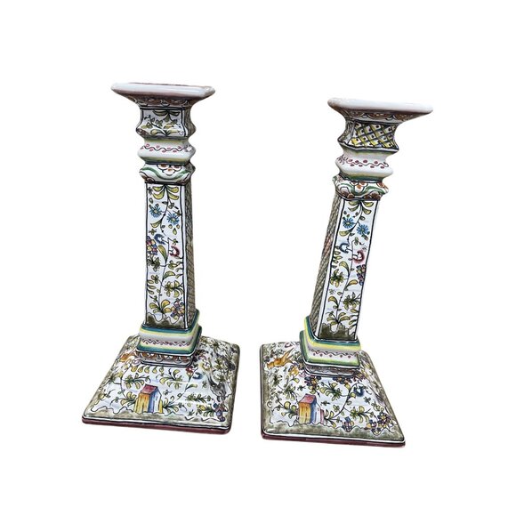 Portugal Pair folk art nature 13" tall column square candle holders SKU 9600 - Picture 4 of 12